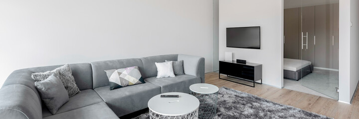Living room with big corner sofa, panorama