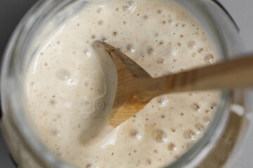 Ripe sourdough for bread . The leaven for bread is active. 100 percent fermentation