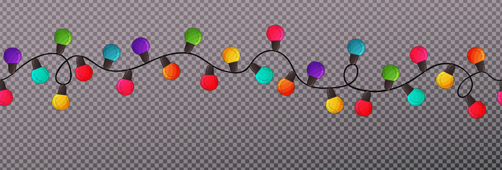 Christmas lights seamless background. Glowing bulb banner. Hand drawn colorful garlands for greeting card, invitation template. Red, yellow, green, 

plum, blue Xmas light. Happy new year decor string