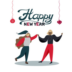 
two people dancing on happy new year lettering background, colorful vector illustration in flat style