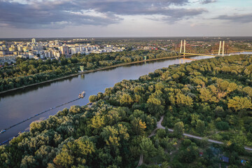 Drone aerial view of River Vistula in Warsaw, capital of Poland - view from bank in Mokotow area