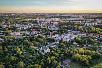 Drone aerial view of Siekierki housing estate, part of Mokotw area in Warsaw, capital of Poland