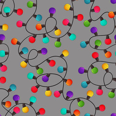 Christmas lights background.Glowing lights pattern. Hand drawn colorful garlands for greeting card, invitation template. Graphic Xmas light backdrop. 
Happy new year decor, color bulb string lights.