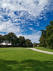 Beautiful view of a park with green grass, tall trees and paved trail for walking and cycling, Reid Park, Parramatta Cycleway, Rydalmere, Sydney, New South Wales, Australia

