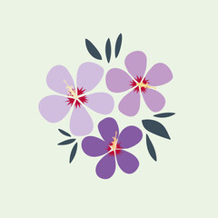 A bouquet of Korean rose flower Sharon is hand-drawn in isolation on a green background. Purple cartoon flower with leaves. Colored plant element. Decorative element of vector design.