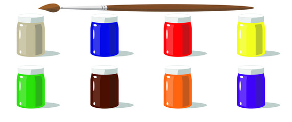 A jar of artistic paint. Various paints. Artistic brush.