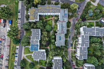 High angle drone view of residential buildings in Goclaw housing estate, part of South Praga district of Warsaw, capital of Poland