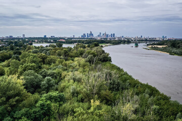 Fototapeta na wymiar Vistula River in Warsaw, capital of Poland - drone view from Siekierki area of Mokotow district