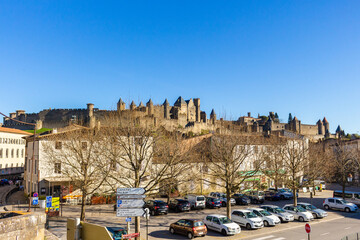 Carcassonne / France - March 11, 2020: The Cité de Carcassonne is a medieval citadel in the...