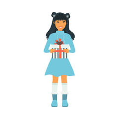 Asian girl holding a gift box. Vector illustration in flat style