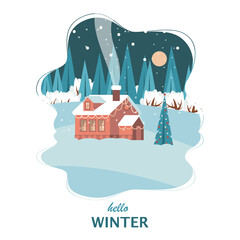 Winter landscape with cute house, fields and nature. Cute illustration in flat style
