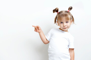 a cute little girl in a white t-shirt points to an empty space near her. layout for design, place for text