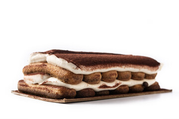Traditional tiramisu cake isolated on white background