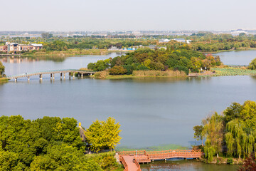 Aerial view of scenic Jinshan Lake Scenic Area from Jinshan Temple with isle, bridge, trees in Zhenjiang, Jiangsu, China.