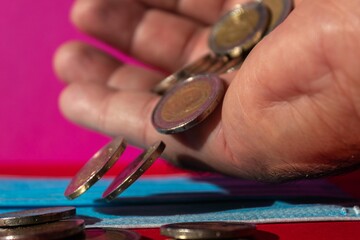 selective focus of coins of money falling from one hand