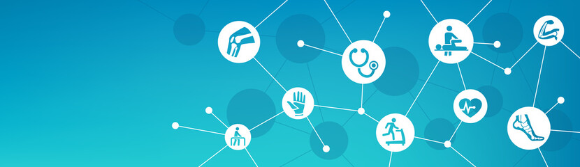 Sports medicine vector illustration. Concept with connected icons related to treatment of sports and exercise injury, fitness and rehabilitation.