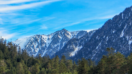 Peaceful nature view of Gaube Valley with amazing snow-capped mountain range background in the French Pyrenees, in the department of the Hautes-Pyrénées, near the town of Cauterets, France.