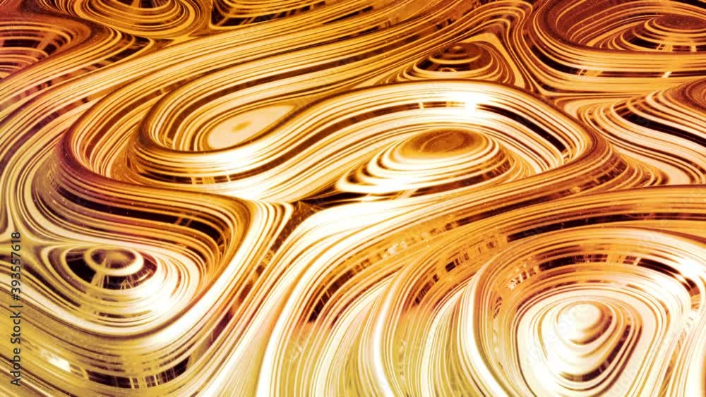 Poster looped abstract background with wavy sparkling golden liquid pattern on shiny glossy surface. viscou