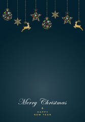 Greeting card with christmas ball, star made from snowflakes and dear  on dark green background.New year them. Vector illustration