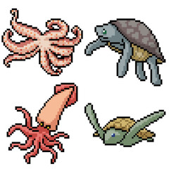 pixel art set isolated squid turtle