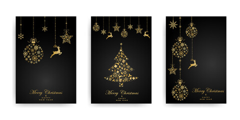 Fototapeta na wymiar Pack of greeting cards with Christmas ball, christmas tree and dear made from gold snowflakes on black background. Holiday pattern. Vector illustratio