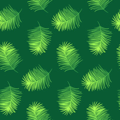 Fototapeta na wymiar Vector seamless pattern with green leaves. Exotic palm tree, green color with gradient. Background for clothes, web and design. Ecology theme. Summer illustration. Print for greeting cards, gift wrap