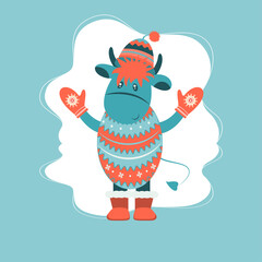 Fototapeta premium Year of the bull 2021. Year of ox. Funny Cow. Funny Bull in a hat New year and merry christmas illustration. Bull zodiac symbol of the year 2021.