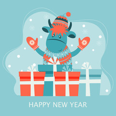 Obraz na płótnie Canvas Year of the bull 2021. Year of ox. Funny Cow. Funny Bull in a hat New year and merry christmas illustration. Bull zodiac symbol of the year 2021.