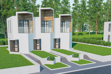 3d rendering fasade of modern light townhouse cozy small house for sale or rent with many grass on lawn. In daylight with a clear blue sky