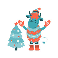 Year of the bull 2021. Year of ox. Funny Cow. Funny Bull in a hat New year and merry christmas illustration. Bull zodiac symbol of the year 2021.