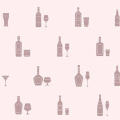 Alcohol drink - Vector background (seamless pattern) of silhouettes glass, bottle, wine, beer, champagne, whiskey, vodka, cognac and others for graphic design