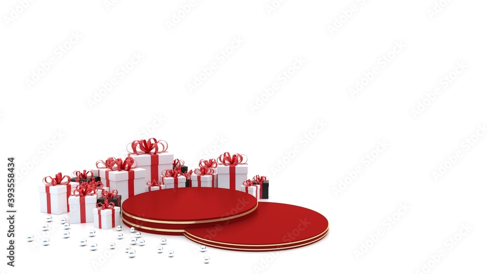 Poster red empty podium there is a gift box around to celebrate the new year, chinese new year, white backd