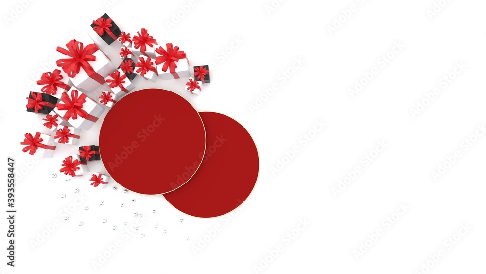 Poster flat lay red space platform there is a gift box around to celebrate chinese new year, a white backdr