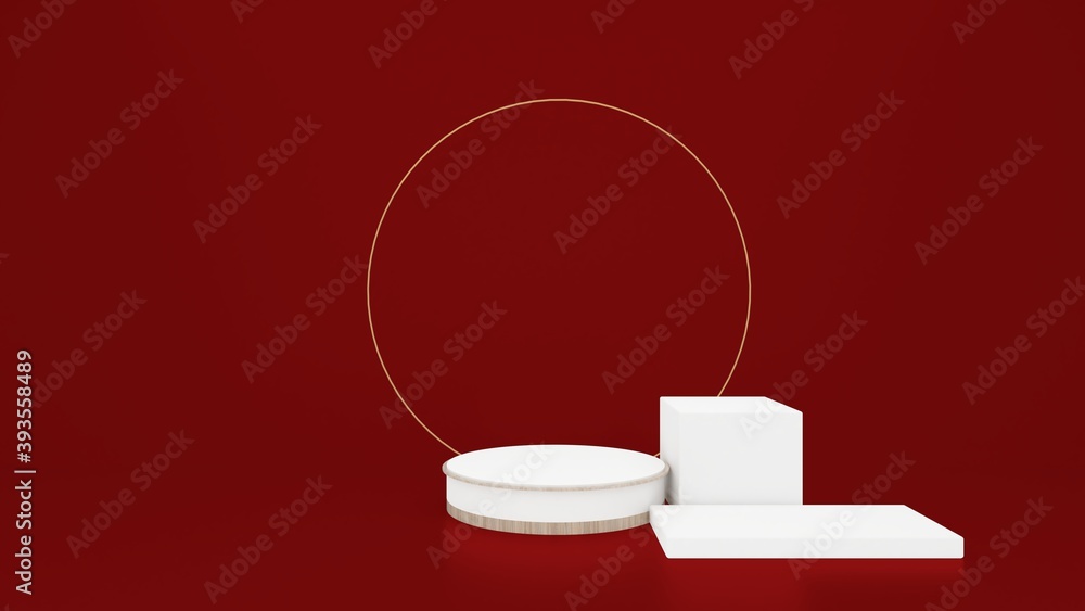 Poster A minimalist display featuring geometric shapes on a red background, ideal for product presentation or artistic showcases.. 3D rendering