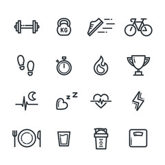 Fitness vector icon set, simple flat thin line style. Signage for gym, workout and fit band application. Contained dumbbell, kettlebell, bicycle, foot steps, stopwatch, trophy, heart rate and protein.
