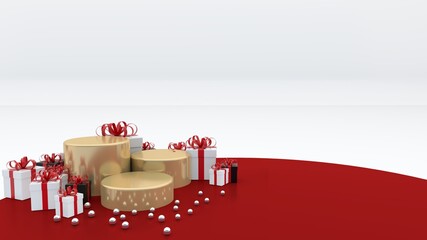 Three golden spheres on a red background. Gift boxes to celebrate, Chinese New Year, white backdrop, suitable for advertising materials. Presenting products Product display stand. 3D rendering
