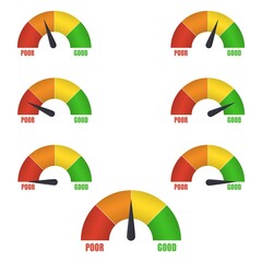 Set of credit score gauge showing different value. Customer satisfaction meter. Score indicator. Measuring scale. Manometer icon. Display pressure, measurement level.