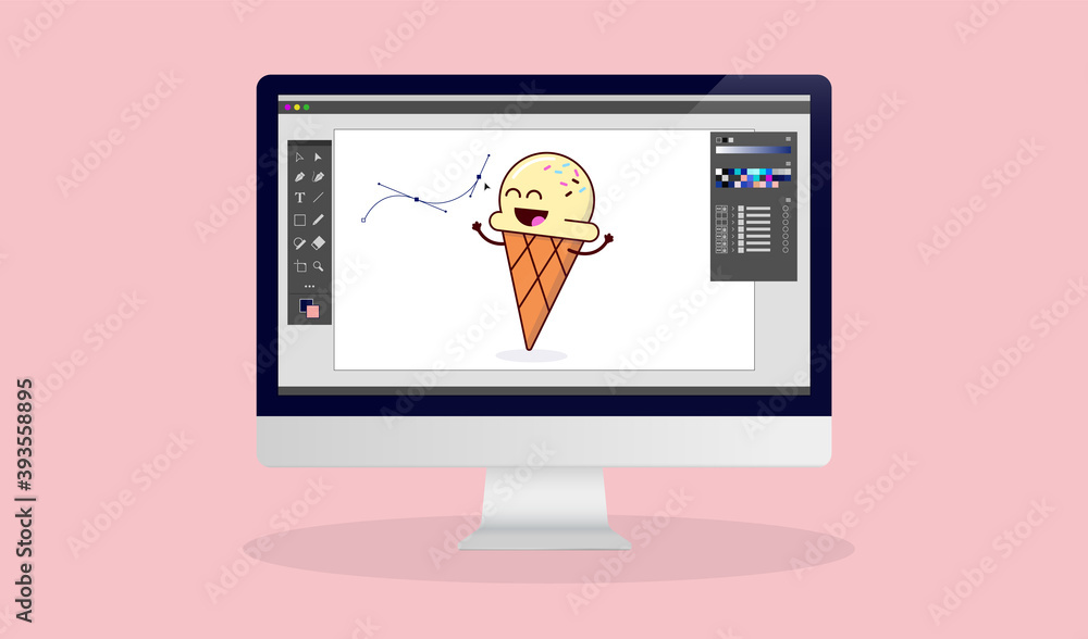 Poster Working as an illustrator and graphic designer on computer - Desktop screen with unbranded design software and cartoon illustration. Vector illustration.