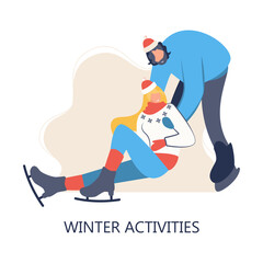 people skating in rink: young happy couple holding hands and smiling. Winter activities. Landing page template. Cute illustration in flat style.

