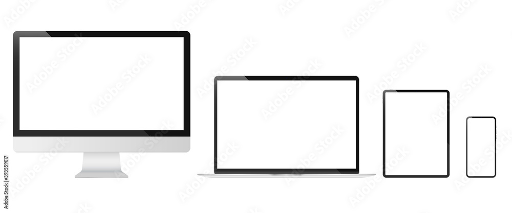 Poster devices mockup - unbranded vector computers, tablet and smartphone collection in realistic illustrat