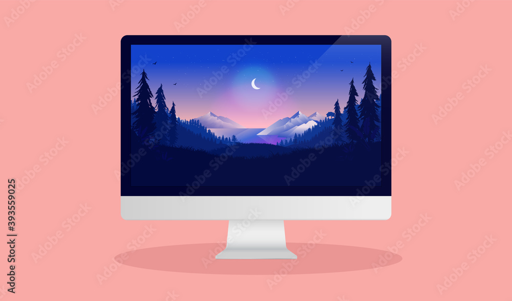 Aufkleber Computer screen with beautiful wallpaper - Desktop computer monitor displaying nature scene. Vector mockup illustration.