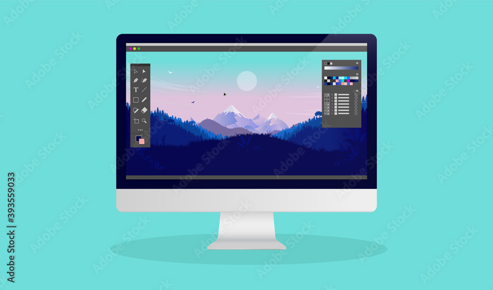 Poster Vector illustration of unbranded photo editing software on computer screen. Clean teal background.