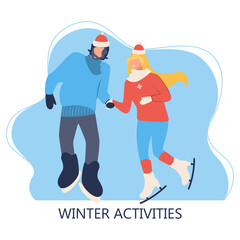 people skating in rink: young happy couple holding hands and smiling. Winter activities. Landing page template. Cute illustration in flat style.