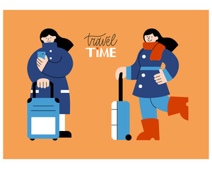 Young woman tourist with baggage ready to travel. Flat illustration set with lettering phrase travel time isolated on orange background. Trendy design for social media, advert, web banner or poster. 