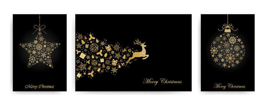 Pack of greeting cards with gold Christmas  deer, gifts, snowflakes, christmas tree on black background. Vector illustration. Gold holiday pattern