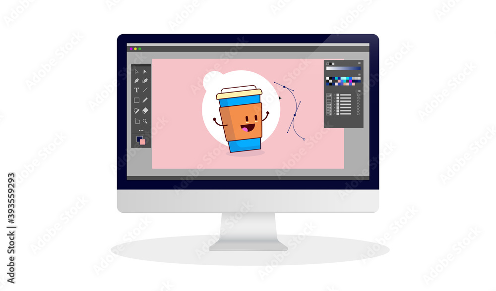 Aufkleber Illustration software on desktop computer - Making vector art on a computer with software and user interface. Illustrator profession work concept.