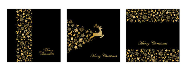 Pack of greeting cards with gold Christmas  deer, gifts, snowflakes, christmas tree on black background. Vector illustration. Gold holiday pattern