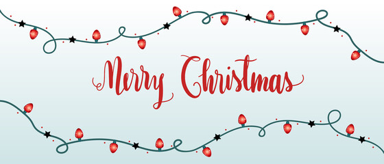 Christmas card. Vector clipart illustration. Festive winter greeting postcard design with Christmas lights and "Merry Christmas" typography.