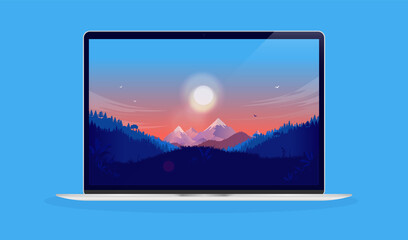 Vector laptop computer with landscape wallpaper on screen on blue background.