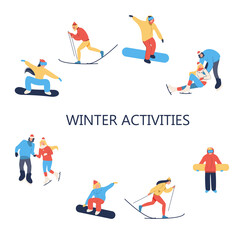 Fototapeta premium Snowboarding, skating and skiing in winter landscape. Winter activities. Landing page template. Cute illustration in flat style.